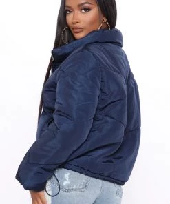 Fashion Nob Work Your Angles Chevron Puffer Jacket - Navy