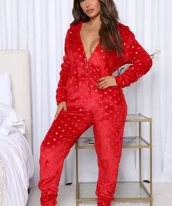 Fashion Nova Best Sellers Snuggles And Gifts Plush PJ Jumpsuit Onesie - Red
