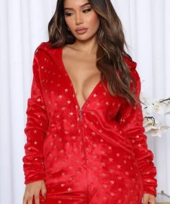 Fashion Nova Best Sellers Snuggles And Gifts Plush PJ Jumpsuit Onesie - Red