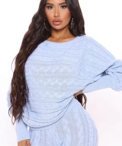 Fashion Nova Jet Setter Got Me Chilled Down Sweater Set - Dusty Blue