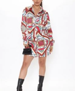 Fashion Nova Hold My Calls Shirt Mini Dress - Red/combo Office Babe