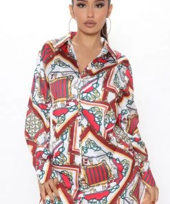 Fashion Nova Hold My Calls Shirt Mini Dress - Red/combo Office Babe