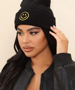 Fashion Nova Teddies & Babydolls Happy Without Him Beanie - Black/Yellow