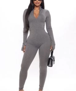 Fashion Nova Houston Hottie Thumbhole Jumpsuit - Charcoal