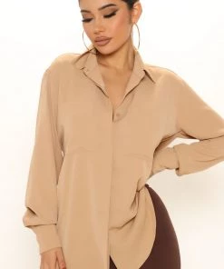 FashionNob CEO Of Slaying Button Down Top - Taupe Best Sellers