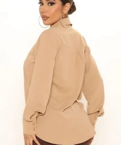 FashionNob CEO Of Slaying Button Down Top - Taupe Best Sellers