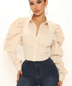 Fashion Nova Miss Independent Puff Sleeve Top - Sand Best Sellers