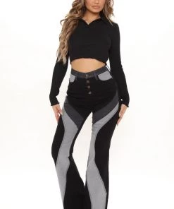 Fashion Nova Devil In The Details Patchwork Flare Jeans - Black/Grey