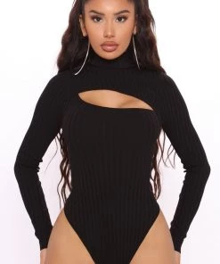 Fashion Nova Cut The Antics Sweater Bodysuit - Black
