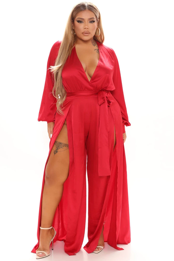 FashionNob Call The Shots Satin Jumpsuit - Red Teddies & Babydolls