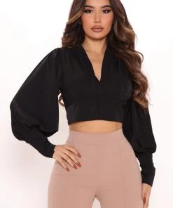 Fashion Nova Office Babe Meetings All Day Cropped Blouse - Black