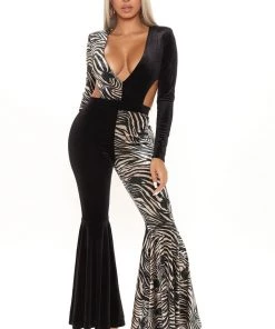 FashionNob Animal Kingdom Velvet Jumpsuit - Black/combo Teddies & Babydolls