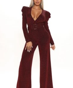 Fashion Nova Shine Bright Glitter Jumpsuit - Red Office Babe