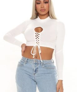 Fashion Nova Teddies & Babydolls Gabby Lace Up Crop Top - Off White