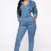 Fashion Nova Teddies & Babydolls Not Worried About That Cargo Jumpsuit - Medium Blue Wash