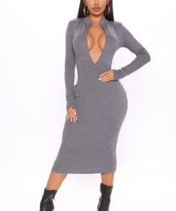 Fashion Nova New Today Pour Some Wine Sweater Midi Dress - Charcoal