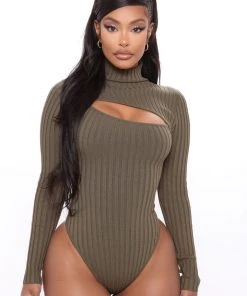 Fashion Nova Cut The Antics Sweater Bodysuit - Olive