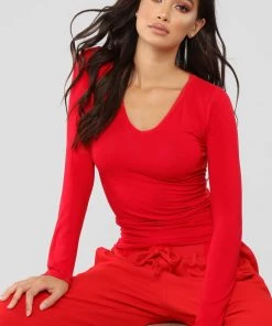 Fashion Nova Teddies & Babydolls Your Everyday Long Sleeve Tee - Red