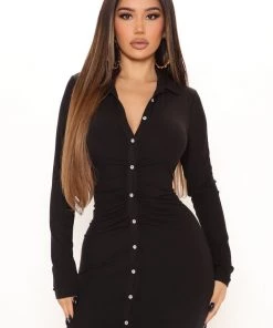 Fashion Nova Nicole Ribbed Shirt Dress - Black DRESSES