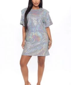 Mysite Shimmy Shoulder Pad Mini Dress - Silver