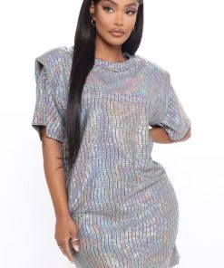 Mysite Shimmy Shoulder Pad Mini Dress - Silver