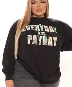 Fashion Nova Teddies & Babydolls Everyday Is Pay Day Long Sleeve Tee - Black