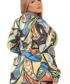 Fashion Nova Out Of My Mind Oversized Satin Shirt - Blue/combo Teddies & Babydolls