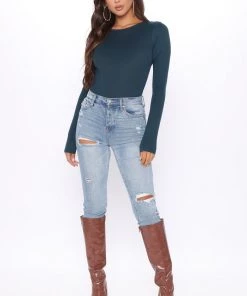 Fashion Nova Krystal Crew Neck Long Sleeve Bodysuit - Dark Teal