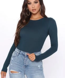Fashion Nova Krystal Crew Neck Long Sleeve Bodysuit - Dark Teal