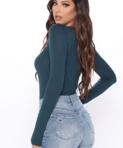 Fashion Nova Krystal Crew Neck Long Sleeve Bodysuit - Dark Teal