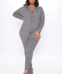 Fashion Nova Cutie Hooded Jumpsuit With Ears - Heather Grey