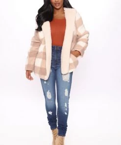 Fashion Nob Winter Blowout Warm Wishes Plaid Sherpa Coat - Taupe/combo