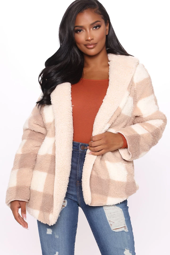 Fashion Nob Winter Blowout Warm Wishes Plaid Sherpa Coat - Taupe/combo 1 Fashion Nob Winter Blowout Warm Wishes Plaid Sherpa Coat - Taupe/combo