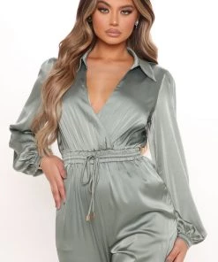 Fashion Nova Natalia Satin Jumpsuit - Olive