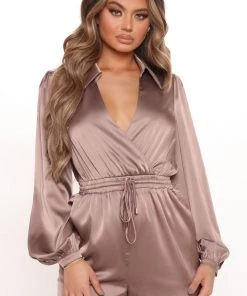 Fashion Nova Natalia Satin Jumpsuit - Mocha