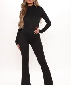 Fashion Nova Frisky Feline Flare Leg Jumpsuit - Black Teddies & Babydolls
