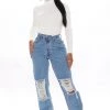 Fashion Nova Distressed Crossover Straight Leg Jeans - Medium Blue Wash