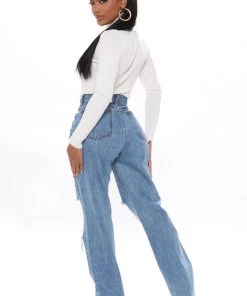 Fashion Nova Distressed Crossover Straight Leg Jeans - Medium Blue Wash