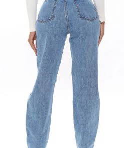 Fashion Nova Distressed Crossover Straight Leg Jeans - Medium Blue Wash