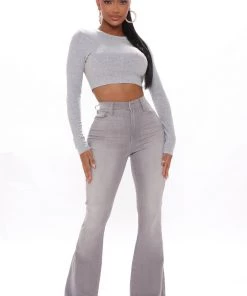 Fashion Nova Teddies & Babydolls Devon Ribbed Long Sleeve Top - Heathered Grey