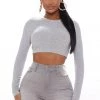 Fashion Nova Teddies & Babydolls Devon Ribbed Long Sleeve Top - Heathered Grey