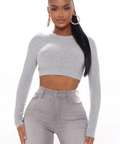 Fashion Nova Teddies & Babydolls Devon Ribbed Long Sleeve Top - Heathered Grey