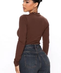 Fashion Nova Melanie Mock Neck Bodysuit - Chocolate