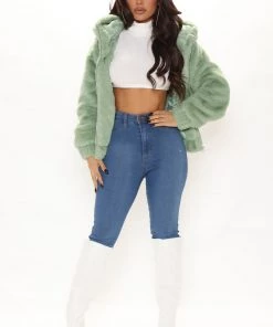 Fashion Nob Hold Me Closer Faux Fur Jacket - Sage
