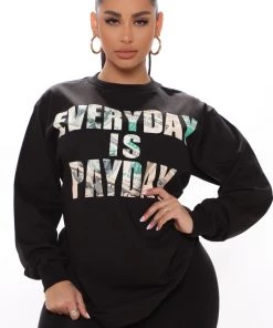 Fashion Nova Teddies & Babydolls Everyday Is Pay Day Long Sleeve Tee - Black