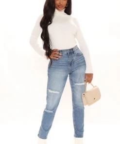 FashionNob Arms Open High Rise Mom Jeans - Light Blue Wash