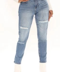FashionNob Arms Open High Rise Mom Jeans - Light Blue Wash