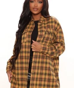 Fashion Nova Pretty In Plaid Oversized Flannel Top - Mustard/combo Best Sellers