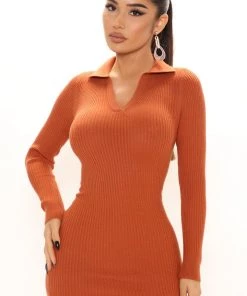 Fashion Nob DRESSES Varsity Prep Sweater Mini Dress - Rust