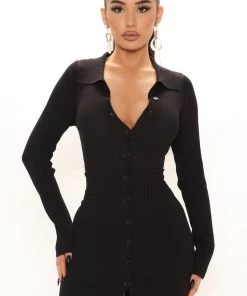 FashionNob Anaisa Sweater Mini Dress - Black DRESSES